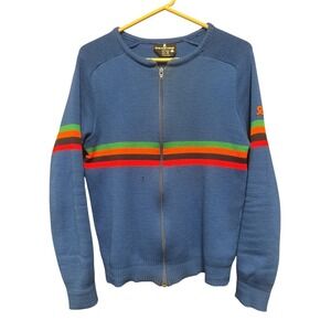 DEMETRE Pure Virgin Wool Men Retro Zip Up Sweater Size Small Multi Color Stripes